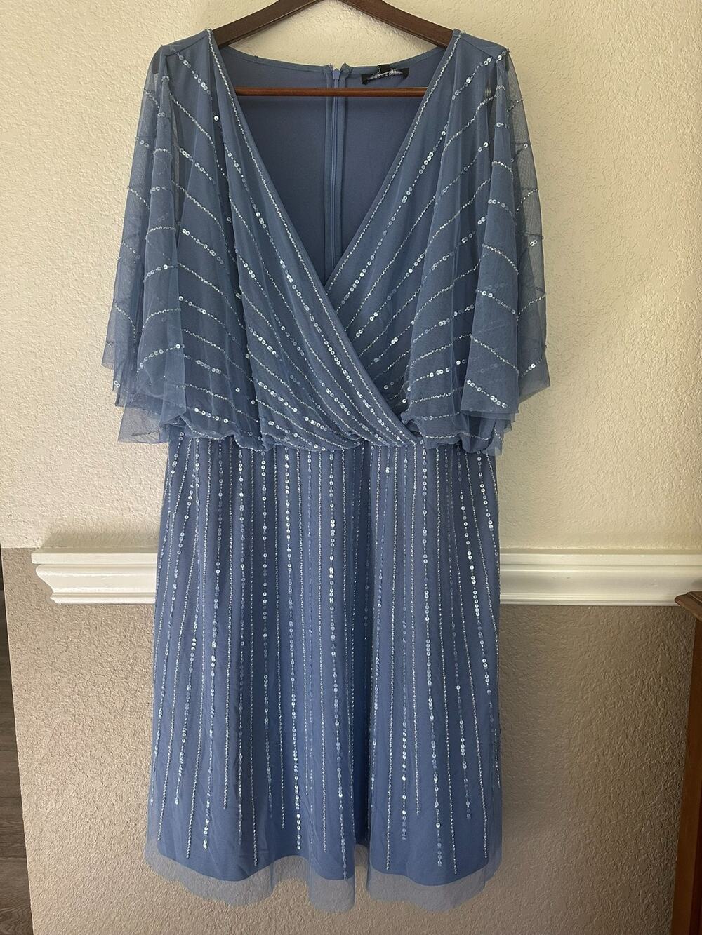Papell Studio Adrianna Papell Beaded Sequin Dress 20W Blue Flutter Sleeve NWOT
